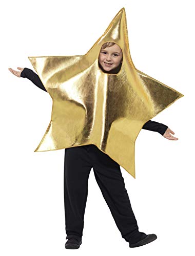 Child wearing a shiny gold star costume with black clothing.