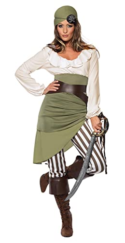 A woman wearing a pirate costume with a white blouse, green skirt, and striped leggings.
