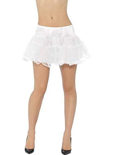 White, layered tulle petticoat worn on a model, mid-thigh length.
