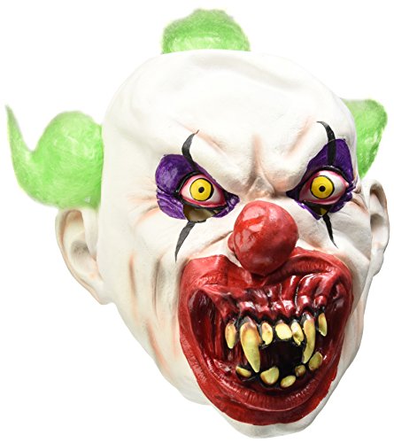 Scary clown mask with white skin, green hair, yellow eyes, and sharp teeth.