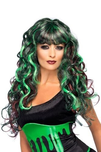 Woman wearing a curly green and purple wig, black dress, and green corset.