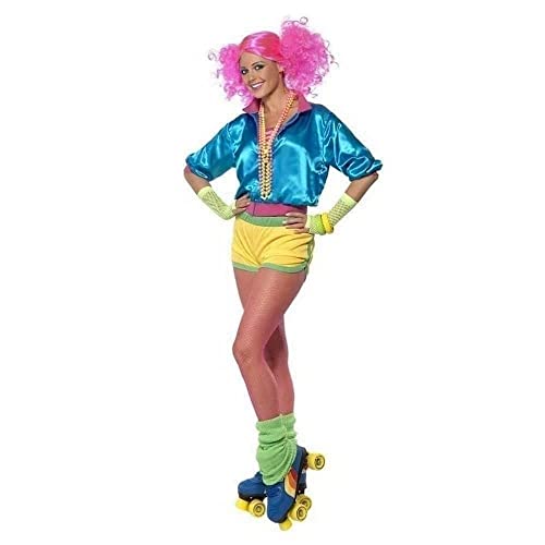 Woman in 80s-style skater costume with pink curly wig and blue skates.