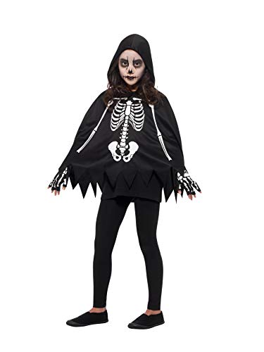 Child wearing a black hooded skeleton costume with bone print.