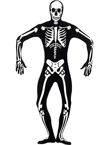 "Black skeleton costume with white bones on a white background, full-body illustration."