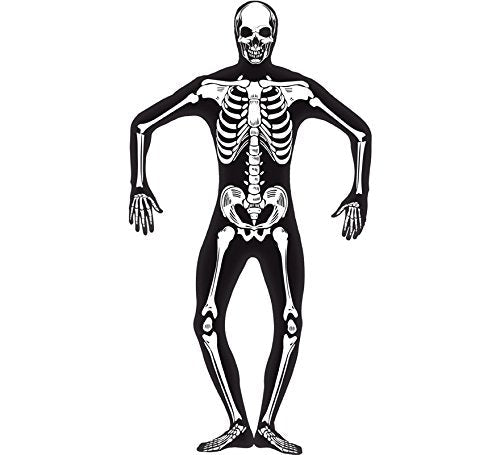 "Black skeleton costume with white bones printed on a full-body black bodysuit."