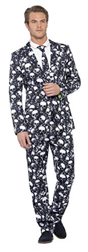 Man wearing a black suit covered in a white skull pattern.