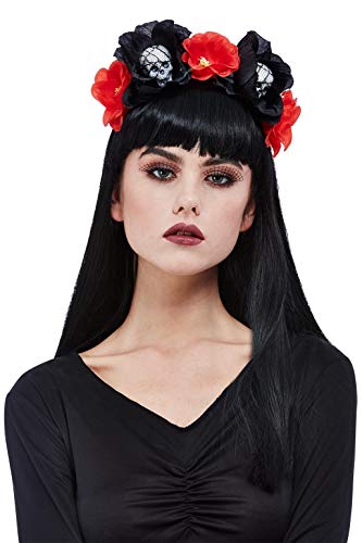 Woman wearing a black headband with red roses and skull details.