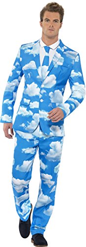Man wearing a blue suit with white clouds and a matching tie.