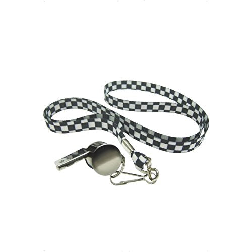 Silver police whistle with black and white checkered lanyard.
