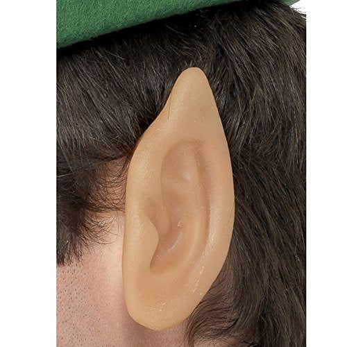 A person wearing a beige, pointed, prosthetic elf ear on the side of their head.