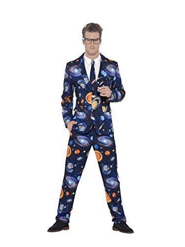 Man wearing a blue suit patterned with planets and galaxies.