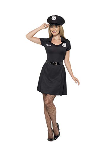 Woman wearing a black short-sleeved police officer costume with hat.