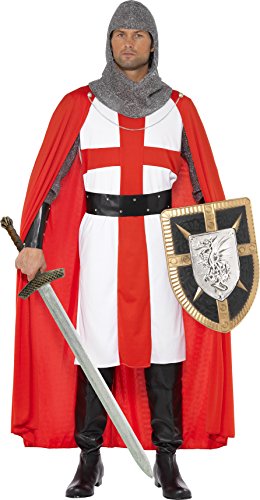 Man dressed as a knight templar, wearing red and white robe, holding sword and shield.