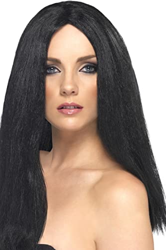 Woman wearing a long, straight, black wig with a center part.