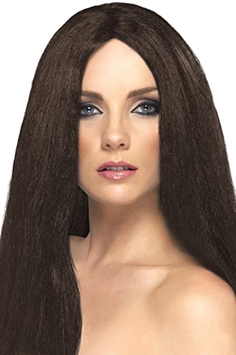 Woman modeling a long, straight, dark brown wig.