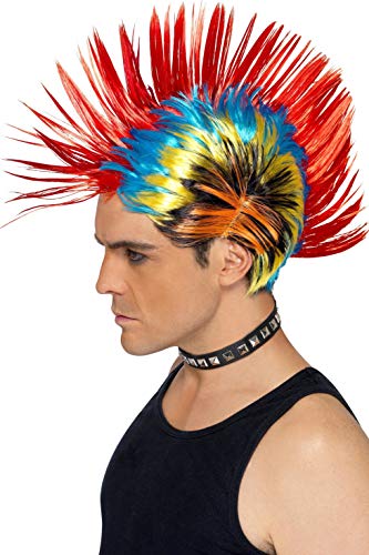 Multi-colored punk mohawk wig on a mannequin head, side profile view.