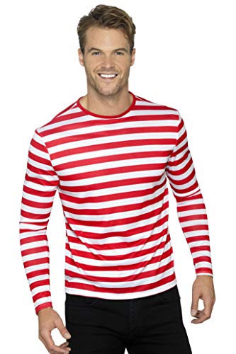 A man wearing a long-sleeved red and white horizontal striped t-shirt.