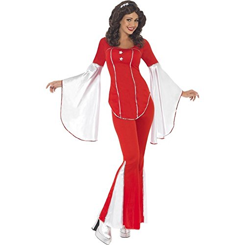Woman wearing a red and white 1970s-style flared disco costume with bell sleeves.