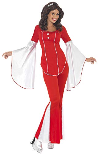 A woman wearing a red and white 1970s-style disco costume with flared sleeves and pants.