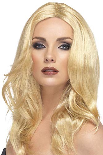 Long, wavy blonde wig worn on a model’s head.