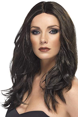 Long, wavy dark brown wig on a mannequin head with makeup.