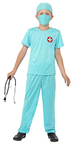 Child wearing a light blue surgeon costume with mask and stethoscope.