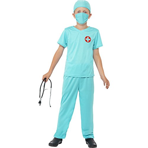 "Child wearing teal surgical costume, mask, and cap, holding a stethoscope against a white background."