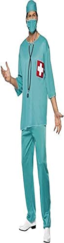 A man wearing a green surgical scrub costume, matching cap, mask, and a toy stethoscope.