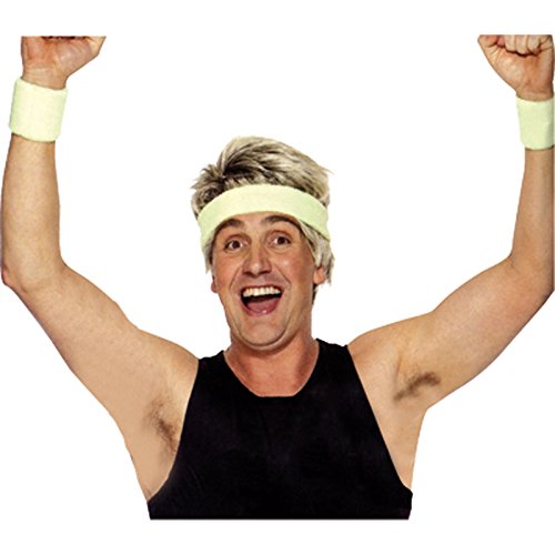 Three green sweatbands, one wider headband and two wristbands, on a white background.