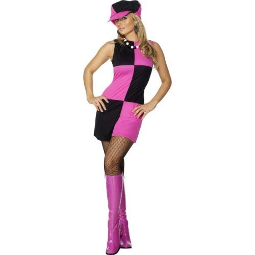 Model wearing a pink and black checkered dress, matching cap, and pink go-go boots.