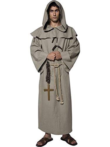 Man wearing a long, hooded, beige Friar Tuck costume with a cross.