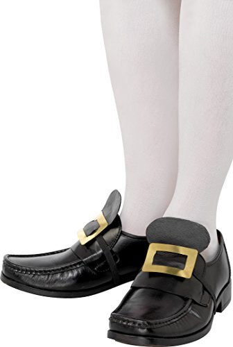"Black leather shoes with gold buckles on white tights, against a white background."