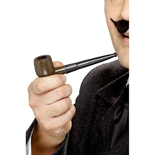 Man in a black suit, hat, and fake mustache holding a black plastic smoking pipe.