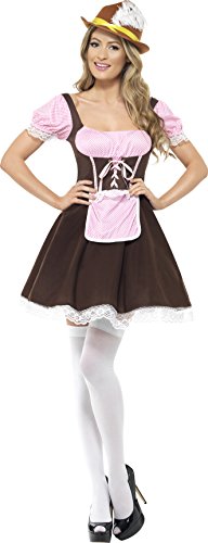 Woman wearing a brown and pink tavern costume, white tights, and black high heels.