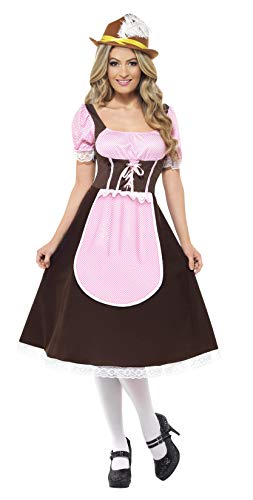 Woman in a brown and pink dirndl-style Tavern Girl costume with a hat.