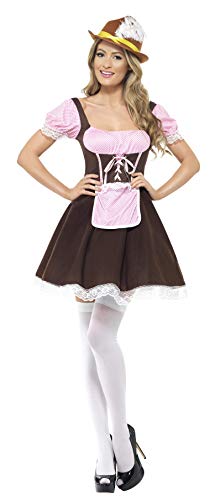 A woman wearing a brown and pink tavern costume with a hat and stockings.