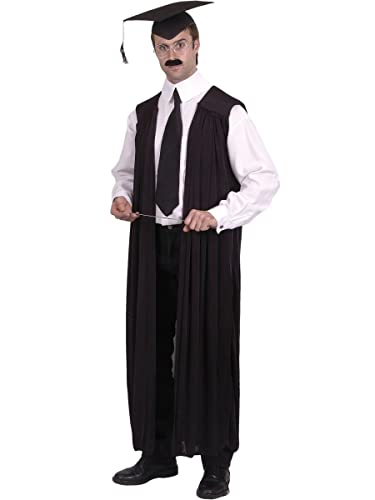 Man wearing a black academic gown and mortarboard hat.