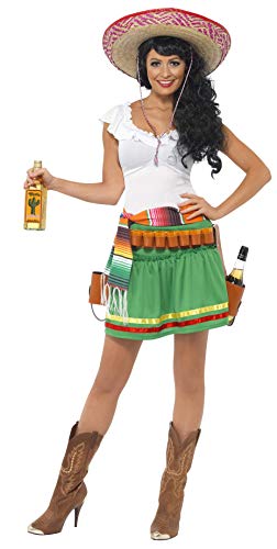 A woman wearing a colourful Mexican-inspired costume, holding a bottle of alcohol.