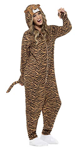 A person wearing a brown and black tiger-patterned onesie with an attached hood and tail.