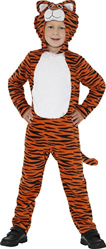A child wearing an orange and black tiger costume with a white belly and hood.
