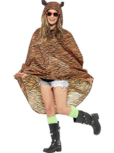 A woman wears a brown and black tiger-striped hooded poncho with ears.