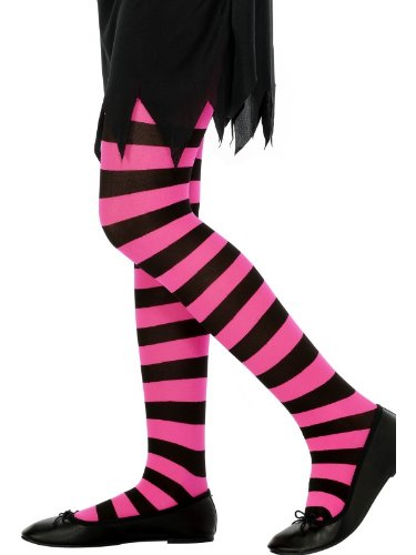 Black and fuchsia striped tights worn with black shoes and skirt.