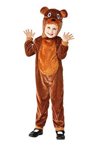 Toddler in a full-body brown bear costume with a hood and ears.