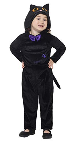 Toddler in a black cat costume with a hooded jumpsuit and bow tie.