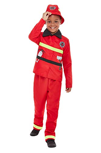 Toddler in a red firefighter costume with hat and accessories.