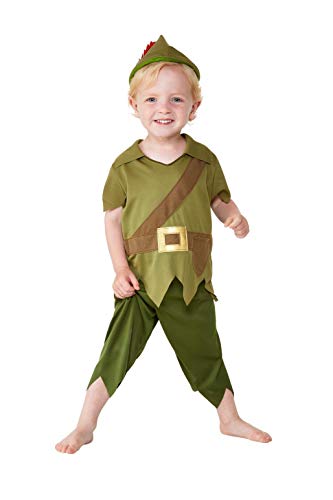 Toddler wearing a green Robin Hood costume with a hat and brown belt.