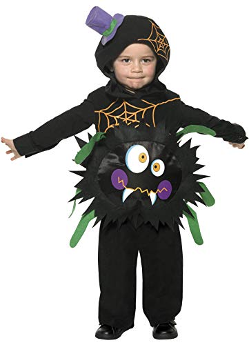Toddler in a black spider costume with large eyes and furry legs.