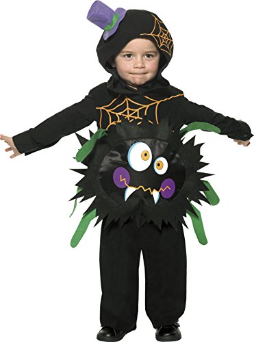 "Toddler wearing a black spider costume with a furry, spiky, monster front and green legs."