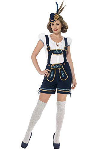 Woman modeling a traditional Bavarian dirndl costume with hat and suspenders.