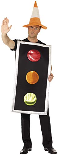 Person wearing a traffic light costume with red, yellow, and green lights.